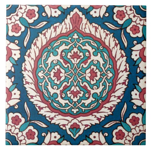 Blue White Red Aquamarin Oriental Azulejo Pattern Fliese (Vorderseite)