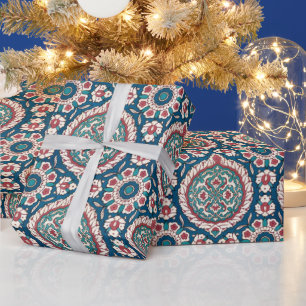 Blue White Red Aquamarin Oriental Azulejo Pattern Geschenkpapier