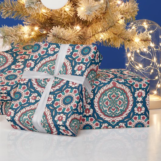 Blue White Red Aquamarin Oriental Azulejo Pattern Geschenkpapier (Feiertage)