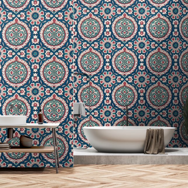 Blue White Red Aquamarin Oriental Azulejo Pattern Tapete (Badezimmer)