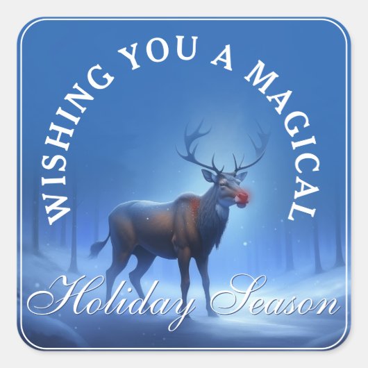 Blue White Reindeer Wonderland Urlaub Quadratischer Aufkleber (Vorderseite)