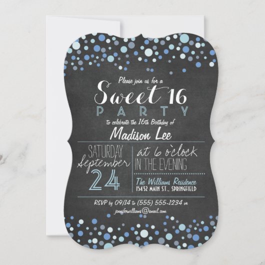 Blue & White Retro Chalkboard Sweet 16 Party Einladung (Vorderseite)