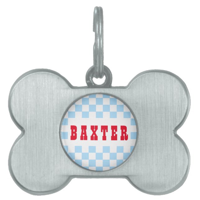 Blue White Retro Checkered Doppy Cat Name Tiermarke (Vorderseite)
