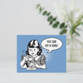 Blue White Retro Girl Eating Ice Creme Fun Card Postkarte (Stehend Vorderseite)