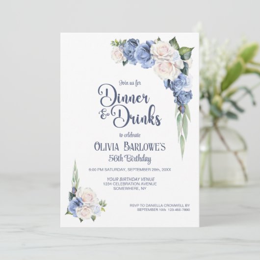 Blue White Rose Blumendinner und Getränke zum Gebu Einladung (Stehend Vorderseite)
