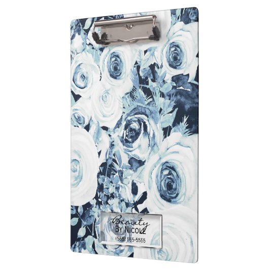 Blue & White Roses Glam Modernes, florales Persona Klemmbrett (Links)