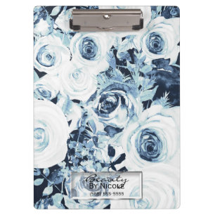 Blue & White Roses Glam Modernes, florales Persona Klemmbrett