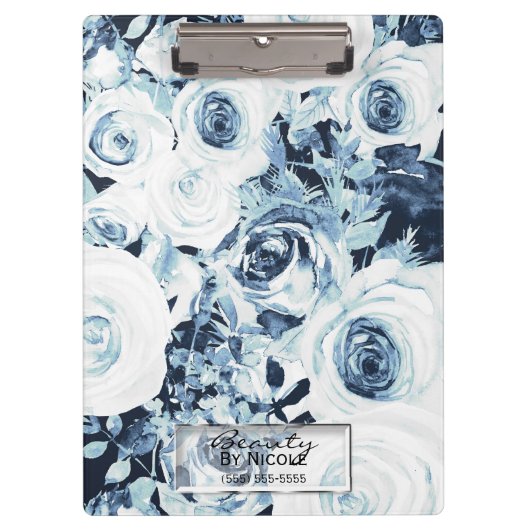 Blue & White Roses Glam Modernes, florales Persona Klemmbrett (Vorderseite)