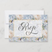 Blue & White Rustic Floral Gold Rahmen Wedding RSV RSVP Karte (Vorderseite)