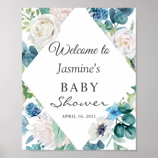 Blue White Sage Green Floral Baby Duschzeichen Poster (Vorne)