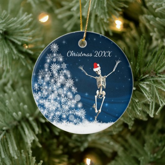 Blue & White Santa Skeleton "Christmas 20xx" Keramik Ornament (Baum)