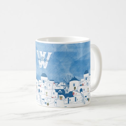 Blue & White Santorini Griechenland Monogram Kaffeetasse (VorderseiteRechts)