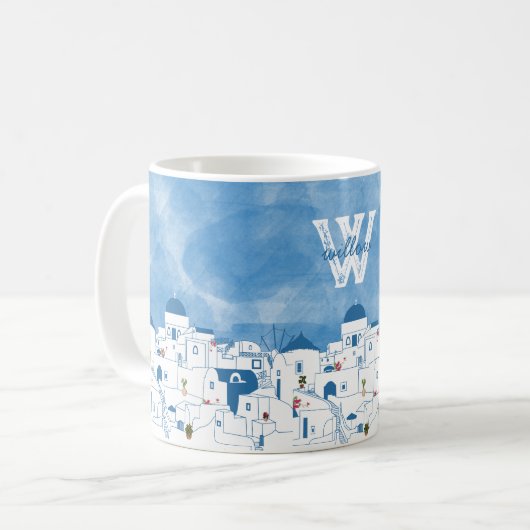 Blue & White Santorini Griechenland Monogram Kaffeetasse (Vorderseite Links)