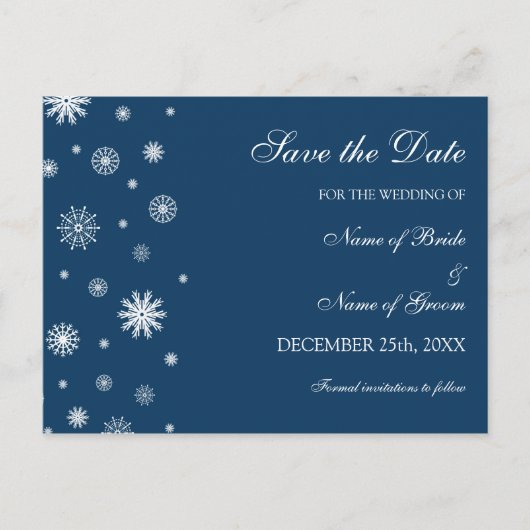 Blue White Save the Date Winter Wedcard Ankündigungspostkarte (Vorderseite)