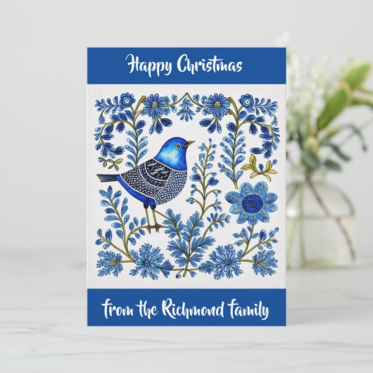 Blue & White Scandi inspirierte Volkskunst. Einladung (Stehend Vorderseite)