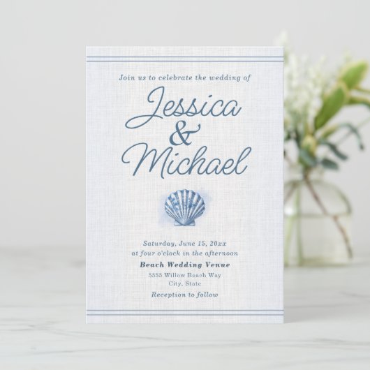 Blue White Seashell Nautical Beach Wedding Einladung (Stehend Vorderseite)