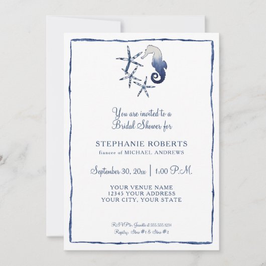 Blue White Shibori Seepferd Starfish Beach Bridal Einladung (Vorderseite)