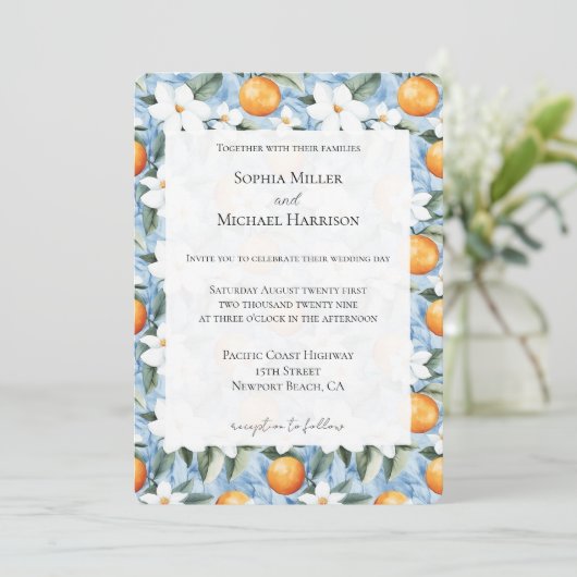 Blue White Sicilian Summer Floral Orange Wedding Einladung (Stehend Vorderseite)