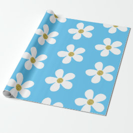 Blue White Simple Daisy Gold Geschenkpapier
