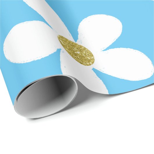 Blue White Simple Daisy Gold Geschenkpapier (Rolleneckpunkt)
