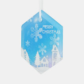 Blue White Snow House Frohe Weihnachten Ornament Aus Glas (Vorderseite Links)