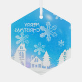 Blue White Snow House Frohe Weihnachten Ornament Aus Glas (Rückseite)