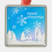 Blue White Snow House Frohe Weihnachten Ornament Aus Metall (Vorne)