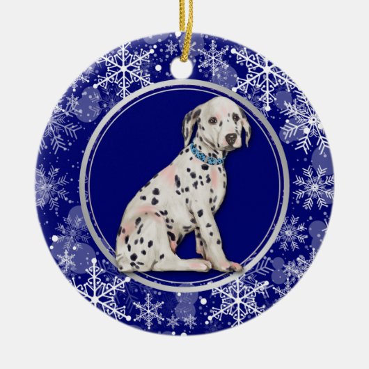Blue White Snowflake Dalmatiner Puppy Keramik Ornament (Vorne)