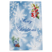 Blue White Snowflake Holly Berries Frohe Weihnacht Mittlere Geschenktüte (Vorderseite)