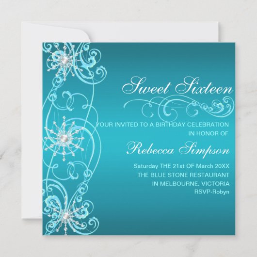 Blue & White Snowflake Sweet 16 Birthday Einladung (Vorderseite)