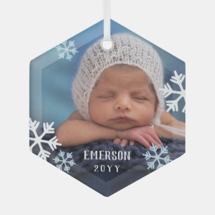 Blue White Snowflakes Baby Foto Name & Jahr hinzuf Ornament Aus Glas