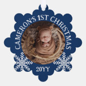 Blue White Snowflakes Baby's 1. Weihnachten Ornament Karte (Rückseite)