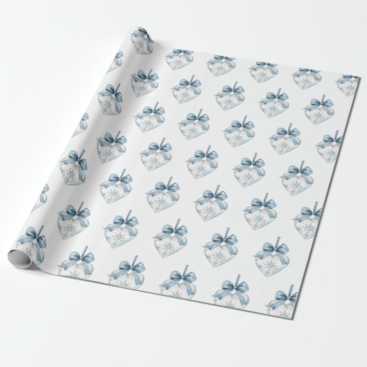 Blue White Snowflakes Bows Hearts Christmas Geschenkpapier (Ungerollt)