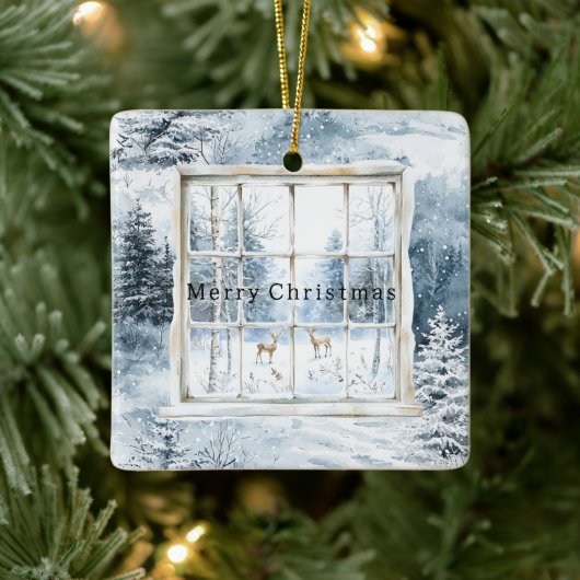 Blue White Snowflakes Deer Window Christmas Keramikornament (Baum)