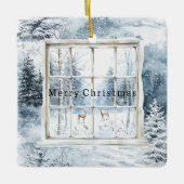Blue White Snowflakes Deer Window Christmas Keramikornament (Vorderseite)