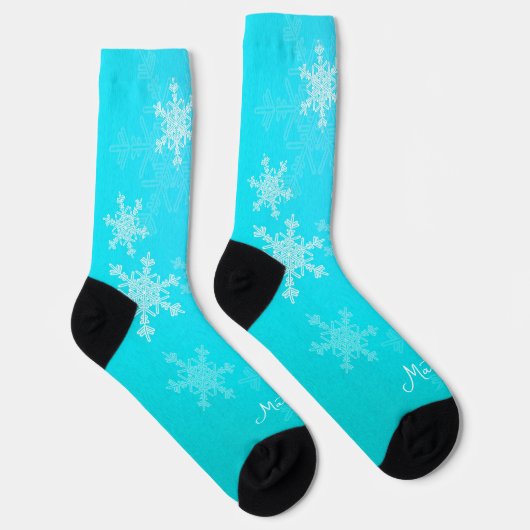 Blue White Snowflakes Minimalistischer Weihnachtsn Socken (Rechts)