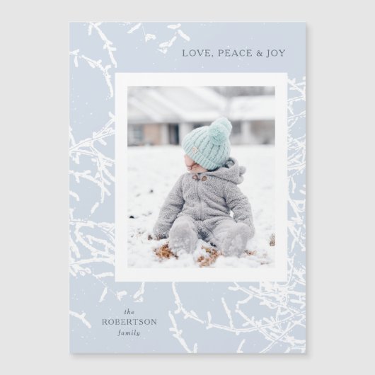 Blue & White Snowy Branches Foto Magnet (Vorderseite)