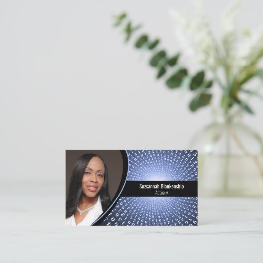 Blue White Spiral Numbers Custom Foto QR Code Visitenkarte (Stehend Vorderseite)