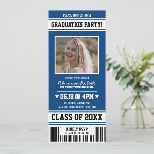 Blue|White Sporty Graduation Party Ticket Einladung (Stehend Vorderseite)