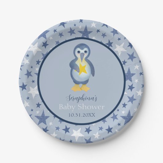 Blue & White Star Pinguin Baby Dusche Pappteller (Vorderseite)
