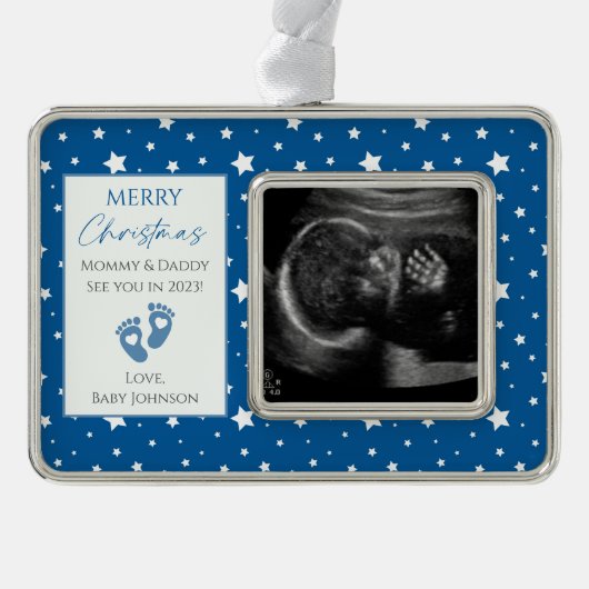 Blue & White Stars New Baby Ultrasound Foto Rahmen-Ornament Silber (Vorderseite)