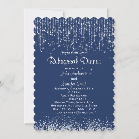 Blue White String Lights Winter Probe Dinner Einladung (Vorderseite)