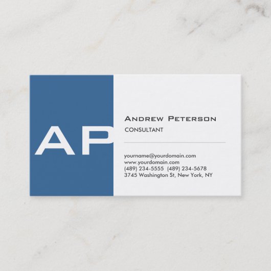 Blue White Strip Monogram Business Card Visitenkarte (Vorderseite)