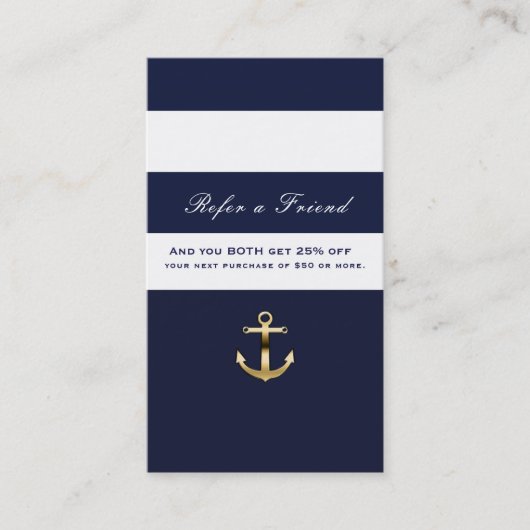 Blue & White Strip Nautical Gold Golfer ein Freund Empfehlungskarte (Vorderseite)