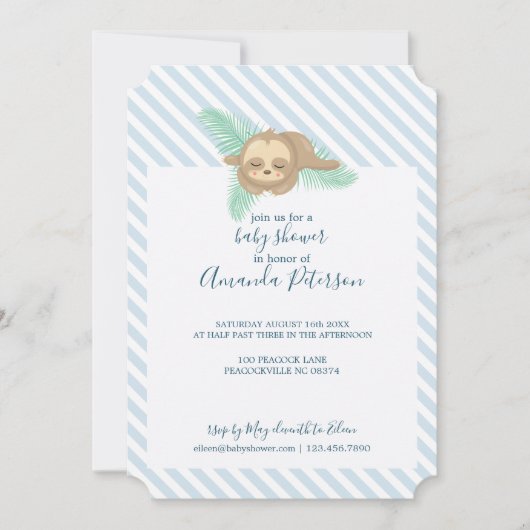 Blue & White Stripe Baby Sloth Babydusche Einladung (Vorderseite)