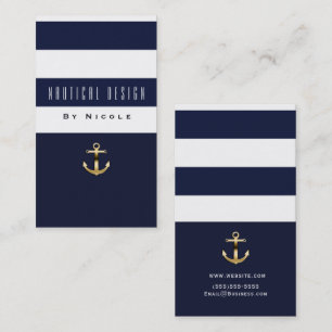 Blue & White Stripe Nautical Gold Anker Visitenkarte