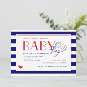 Blue & White Stripe Red Baby Shower Boy Einladung (Stehend Vorderseite)