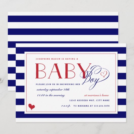 Blue & White Stripe Red Baby Shower Boy Einladung (Vorne/Hinten)
