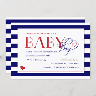 Blue & White Stripe Red Baby Shower Boy Einladung