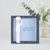 Blue White Stripe Rosary Boys First Communion Einladung (Stehend Vorderseite)